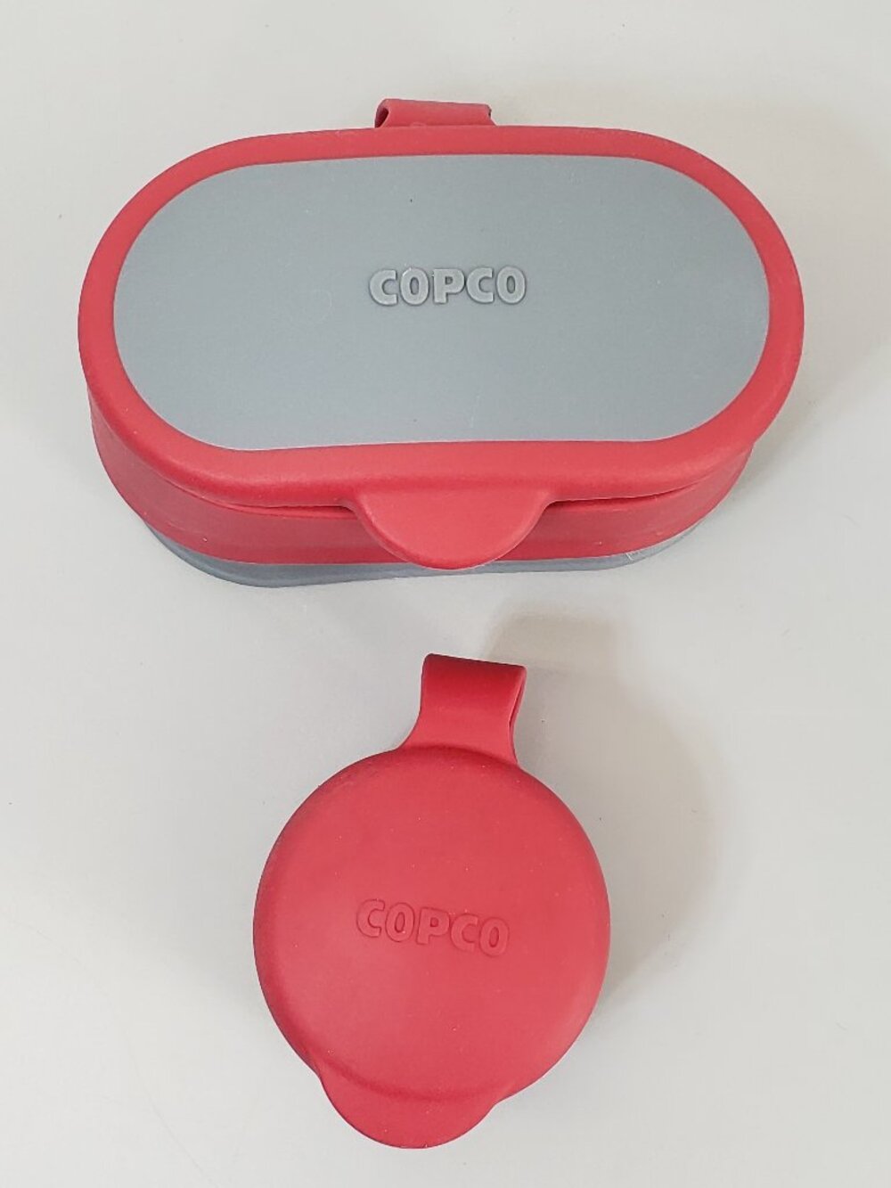Lot of 2 Copco Bag Cap Reusable Snap Lid Bag Top - 1 large, 1 small - Red Gray